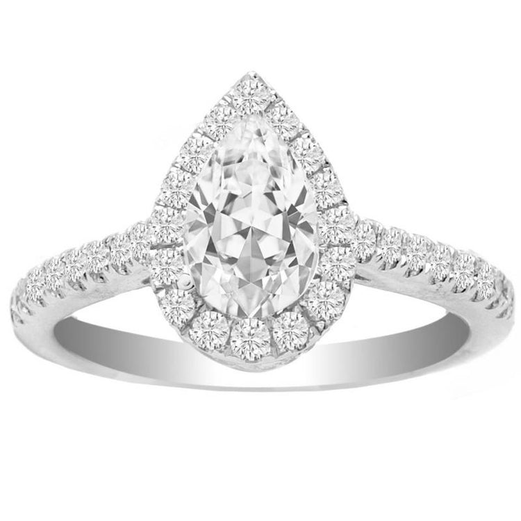 14k White Gold Pear Shaped Halo Diamond Ring; 1.20 CTW