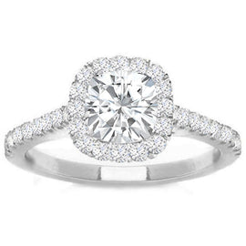 Cushion Halo Round Lab Diamond Engagement Ring 14k WG; 1.20 ctw