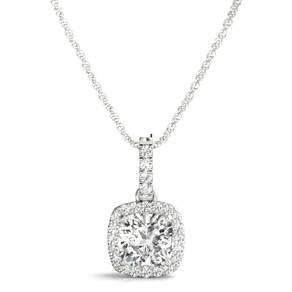 Round Diamond Cushion Halo Pendant 14k WG; 0.88 CTW