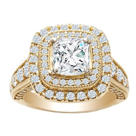 Janet Cushion Double Halo Engagement Ring in 18K Yellow Gold; 1.50 ctw
