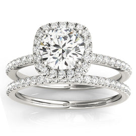 14KWG Cushion Halo Diamond Ring & Band; .84 CTW