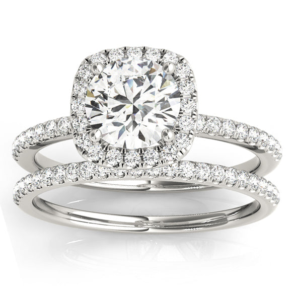 14KWG Cushion Halo Diamond Ring & Band; .84 CTW