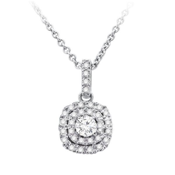 Double Halo Diamond Pendant in 14K White Gold; Shown with 0.33 ctw with 0.33 carat Round diamond Excellent cut K color SI2 clarity Natural Diamond