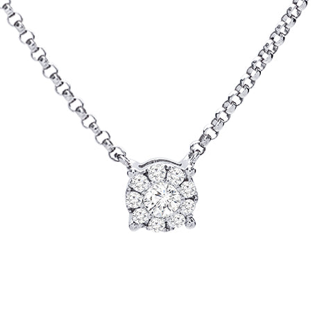 Halo Diamond Pendant in 14K White Gold; Shown with 0.16 ctw with 0.31 carat Round diamond Excellent cut J color SI2 clarity