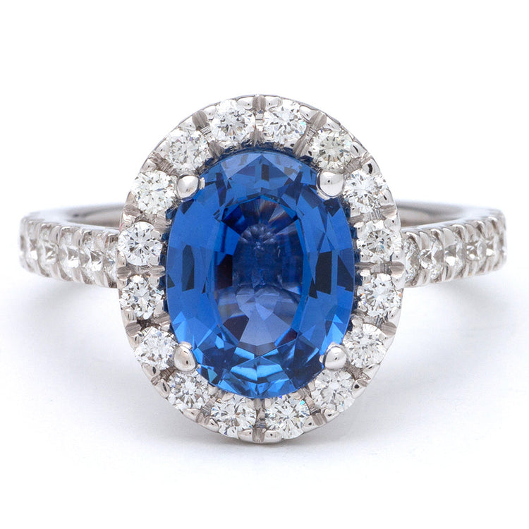 Oval Sapphire Halo Ring In 14K White Gold; 2.73 CT