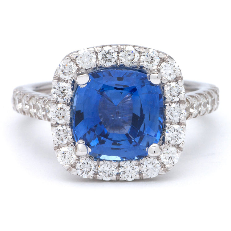 Cushion Sapphire with Halo in 14K White Gold ; 3.34 ct